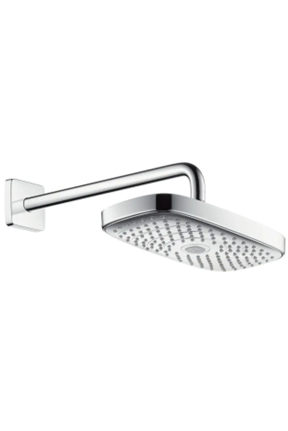Kopfbrause mit flachem, rechteckigem Sprühkopf und seitlichem Brausearm, aus Chrom, von Hansgrohe. Dicht angeordnete Düsen bieten eine gleichmäßige Wasserverteilung.